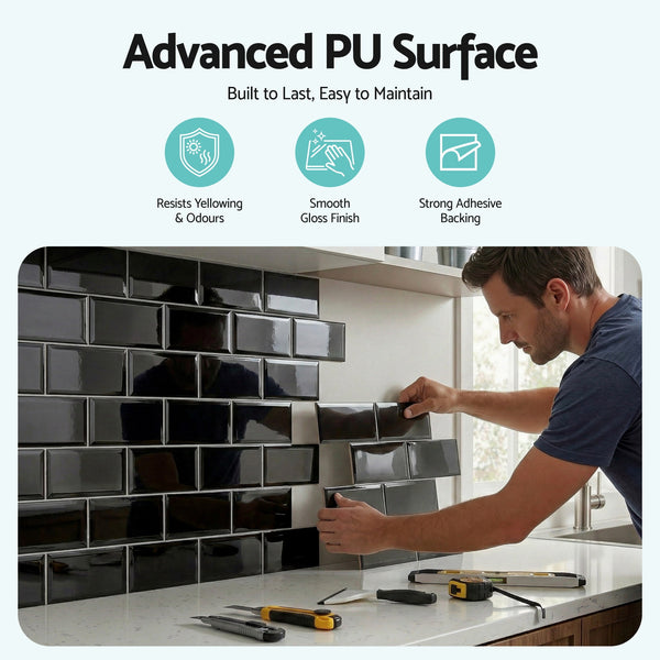 Artiss 3D Peel and Stick Wall Tiles Self Adhesive Subway Backsplash 10 Sheets, Black Artiss
