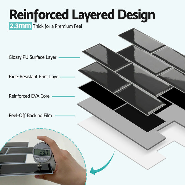 Artiss 3D Peel and Stick Wall Tiles Self Adhesive Subway Backsplash 10 Sheets, Black Artiss