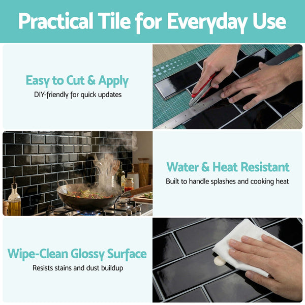 Artiss 3D Peel and Stick Wall Tiles Self Adhesive Subway Backsplash 10 Sheets, Black Artiss