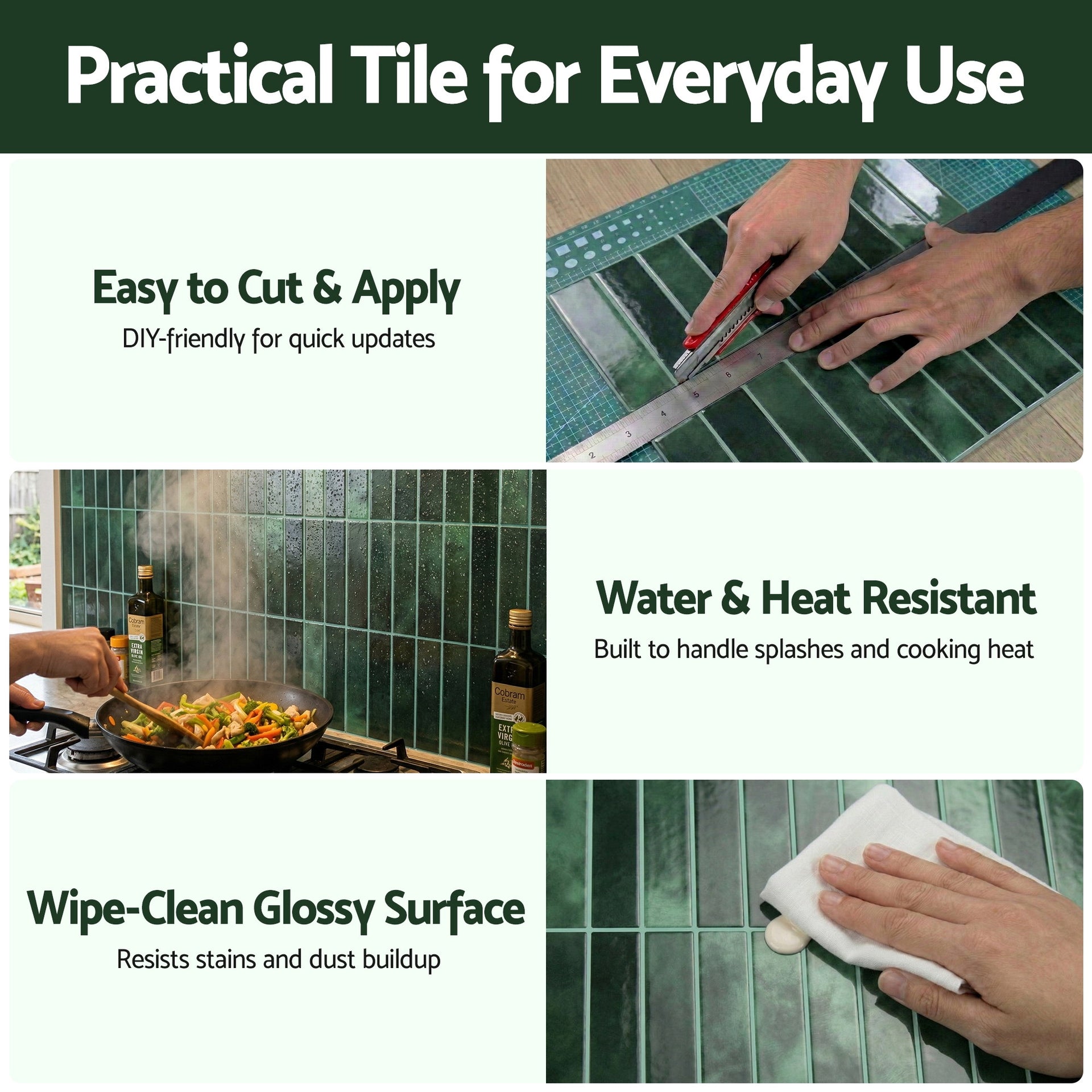 Artiss 3D Peel and Stick Wall Tiles Self Adhesive LinearGrid Backsplash 10 Sheets, Green Awezingly