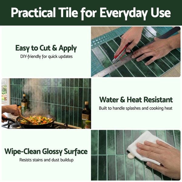 Artiss 3D Peel and Stick Wall Tiles Self Adhesive LinearGrid Backsplash 10 Sheets, Green Awezingly