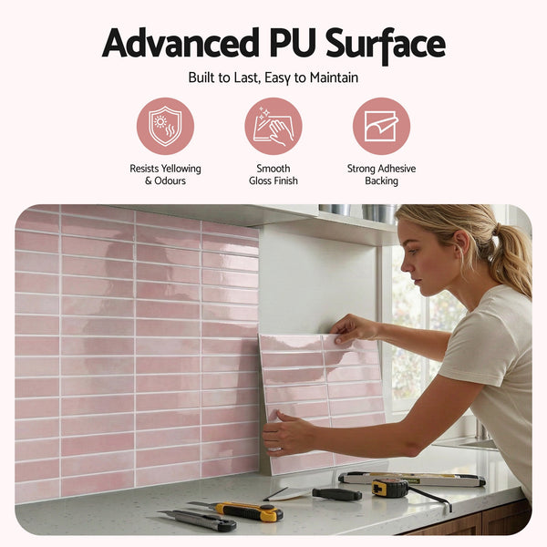 Artiss 3D Peel and Stick Wall Tiles Self Adhesive LinearGrid Backsplash 10 Sheets, Pink Awezingly
