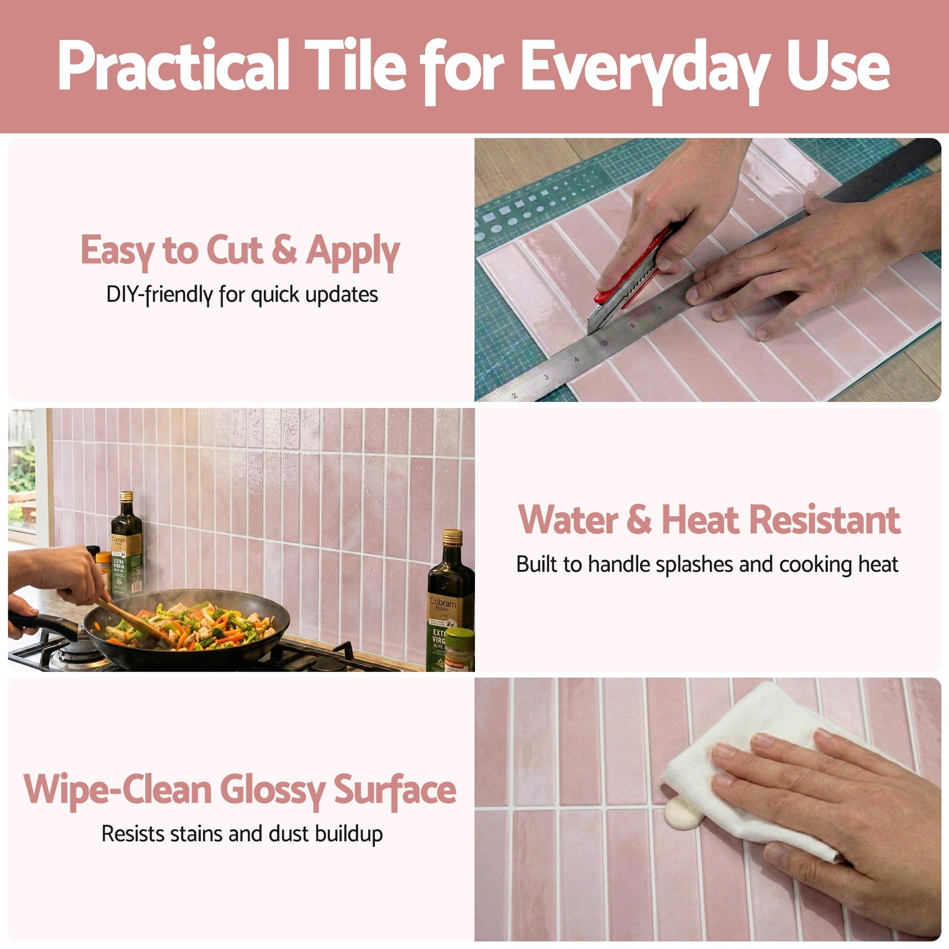 Artiss 3D Peel and Stick Wall Tiles Self Adhesive LinearGrid Backsplash 10 Sheets, Pink Awezingly