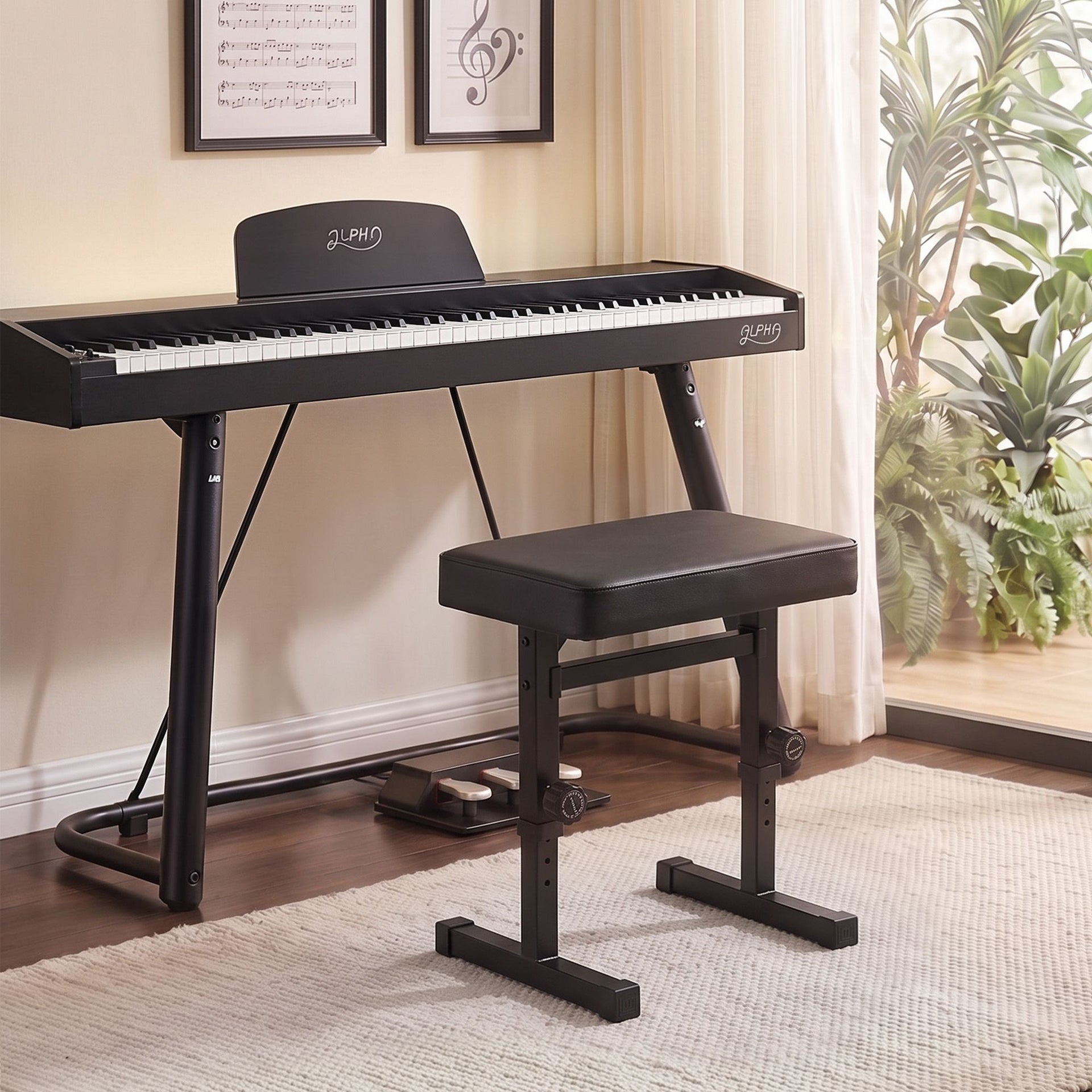 Alpha Piano Bench Adjustable Seat Heavy Duty H-Shape Piano Stool Black Awezingly