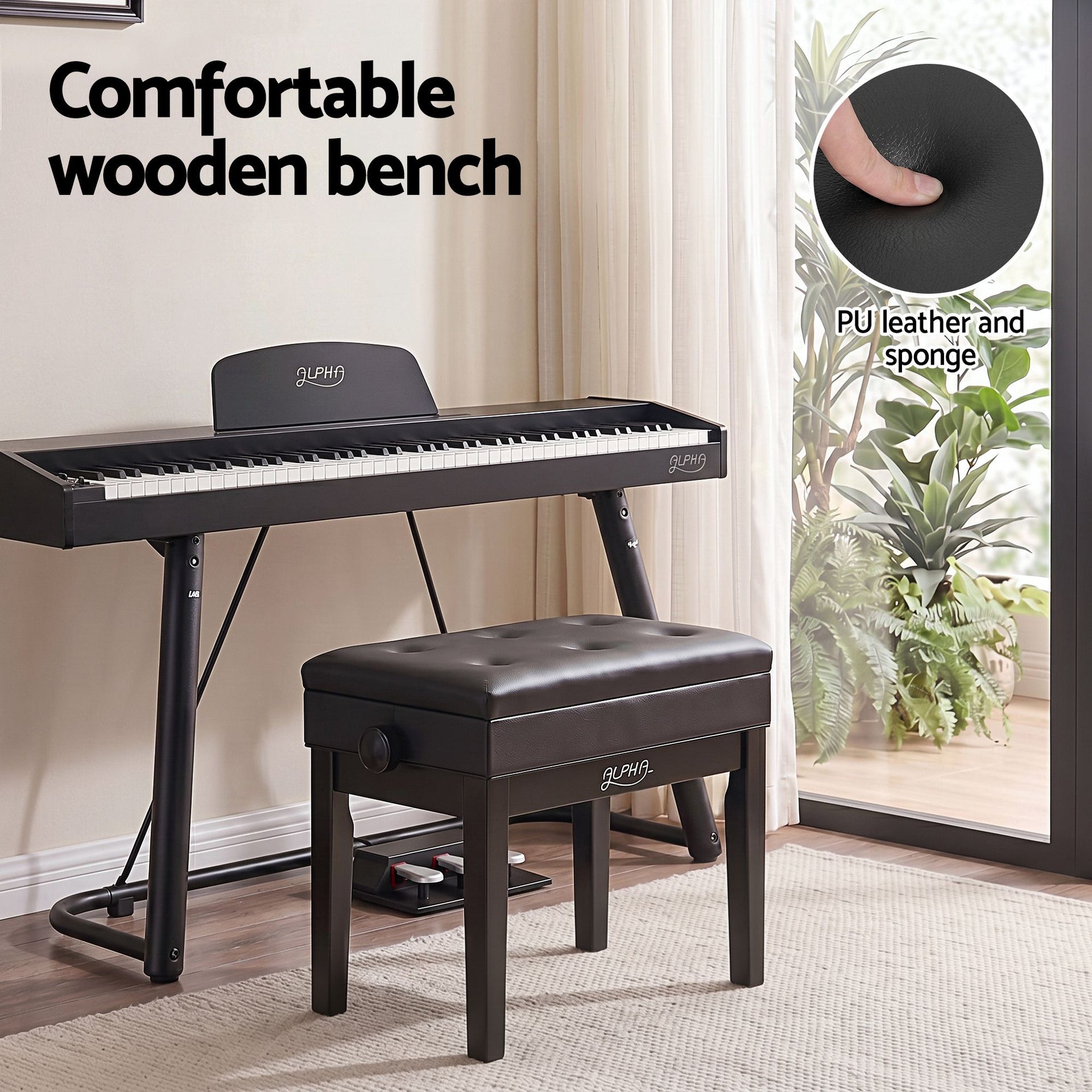 Alpha Adjustable Piano Bench Wooden Keyboard Seat Padded Music Chair Black Awezingly