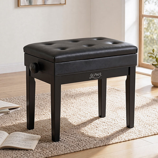 Alpha Adjustable Piano Bench Wooden Keyboard Seat Padded Music Chair Black Awezingly