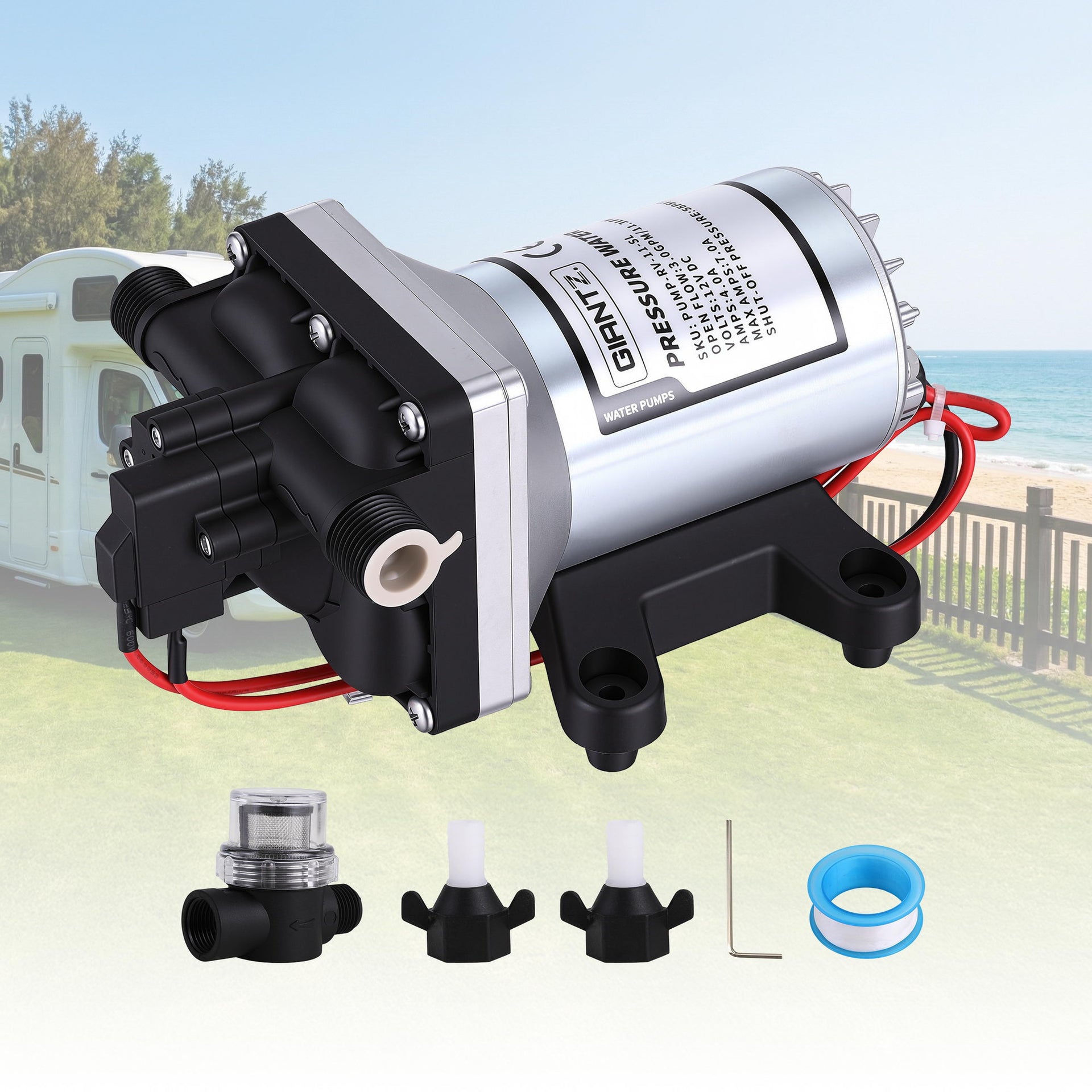 Giantz 12V DC Water Pump, 11.3LPM 55PSI 3 GPM Self-Priming RV Water Pressure Pump with Automatic Pressure Switch, for RV Marine Camping Yacht Garden Fresh Water Diaphragm, 2088-554-144 Replacement Awezingly