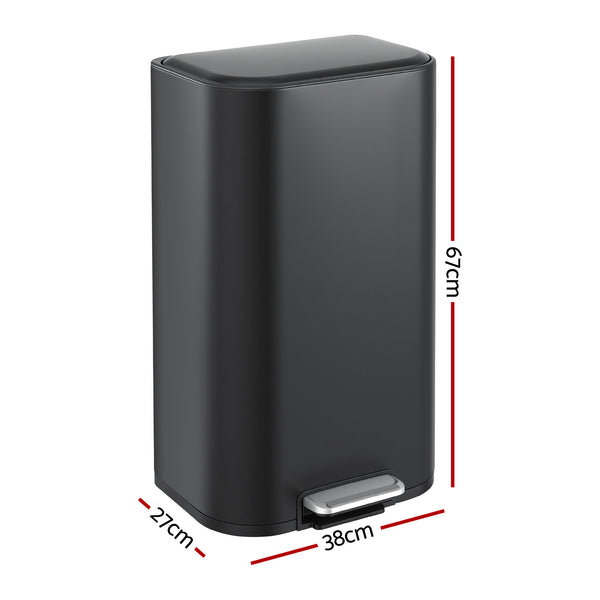 Cefito Kitchen Trash Can 40L Pedal Bins Rubbish Bin Steel with Soft Close Lid, Removable Inner Bucket, Rectangular Garbage Can Recycling Bin, Black Awezingly