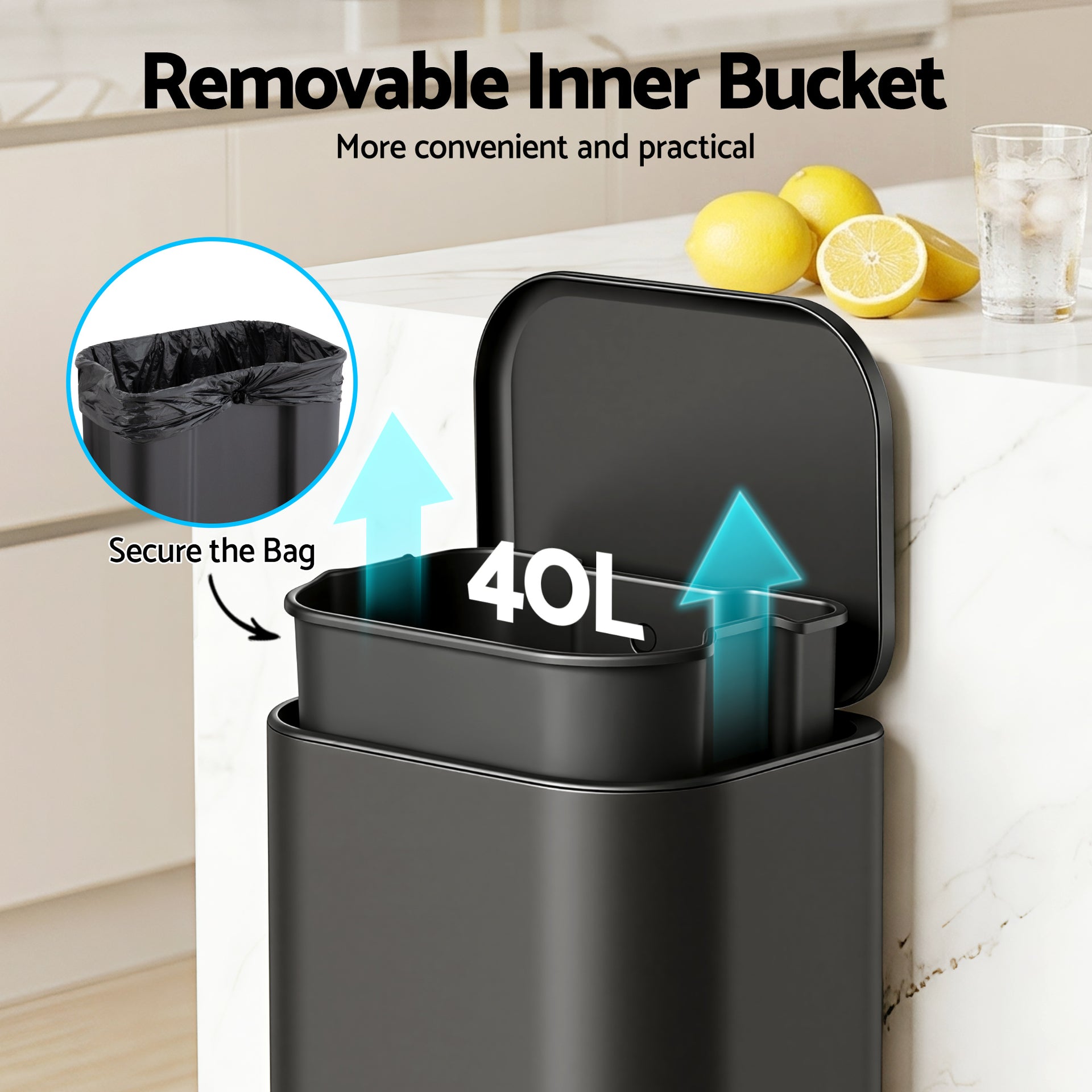 Cefito Kitchen Trash Can 40L Pedal Bins Rubbish Bin Steel with Soft Close Lid, Removable Inner Bucket, Rectangular Garbage Can Recycling Bin, Black Awezingly
