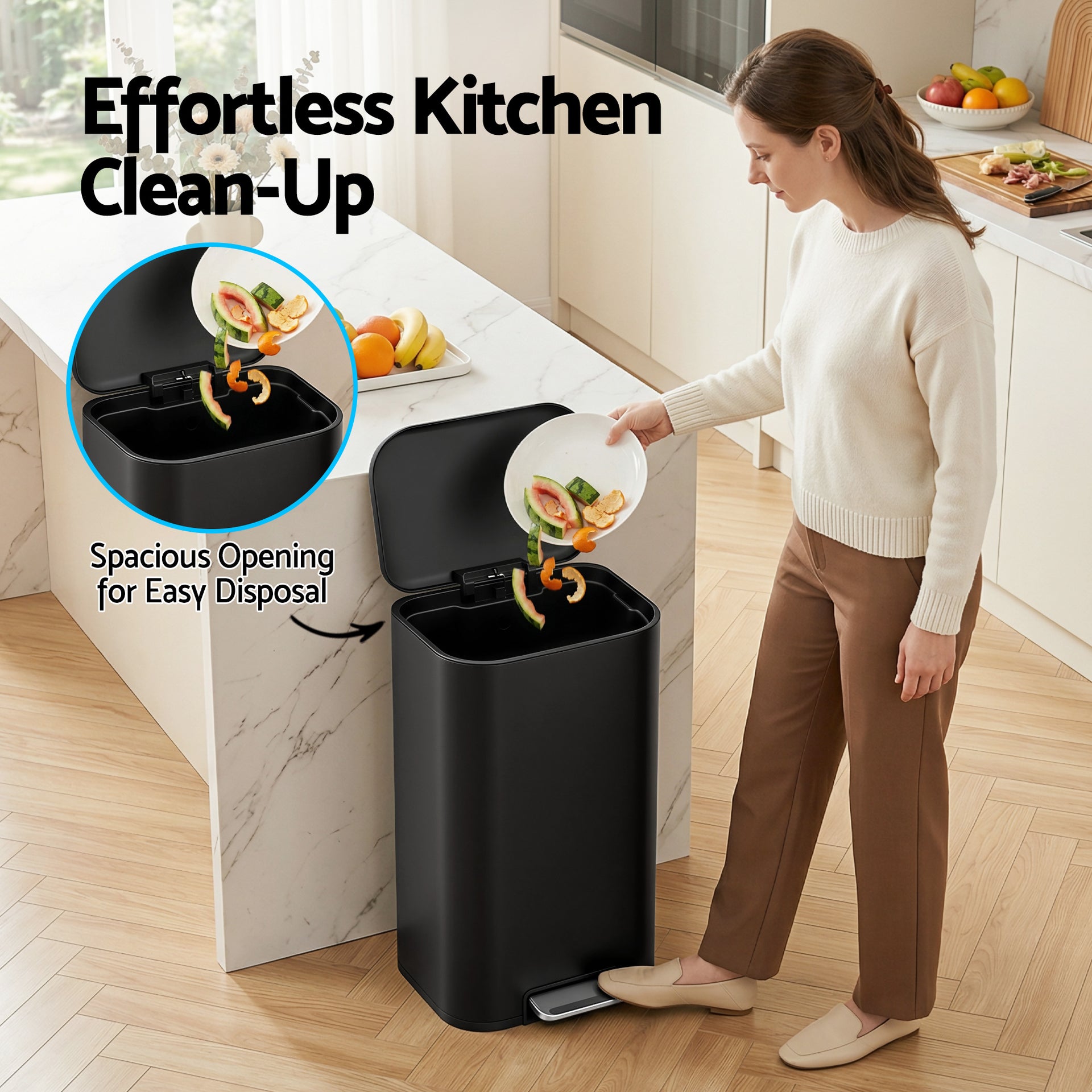 Cefito Kitchen Trash Can 40L Pedal Bins Rubbish Bin Steel with Soft Close Lid, Removable Inner Bucket, Rectangular Garbage Can Recycling Bin, Black Awezingly