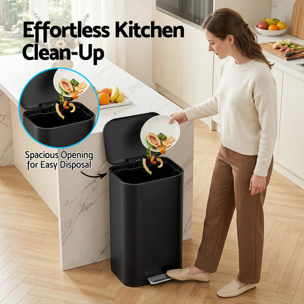 Cefito Kitchen Trash Can 40L Pedal Bins Rubbish Bin Steel with Soft Close Lid, Removable Inner Bucket, Rectangular Garbage Can Recycling Bin, Black Awezingly