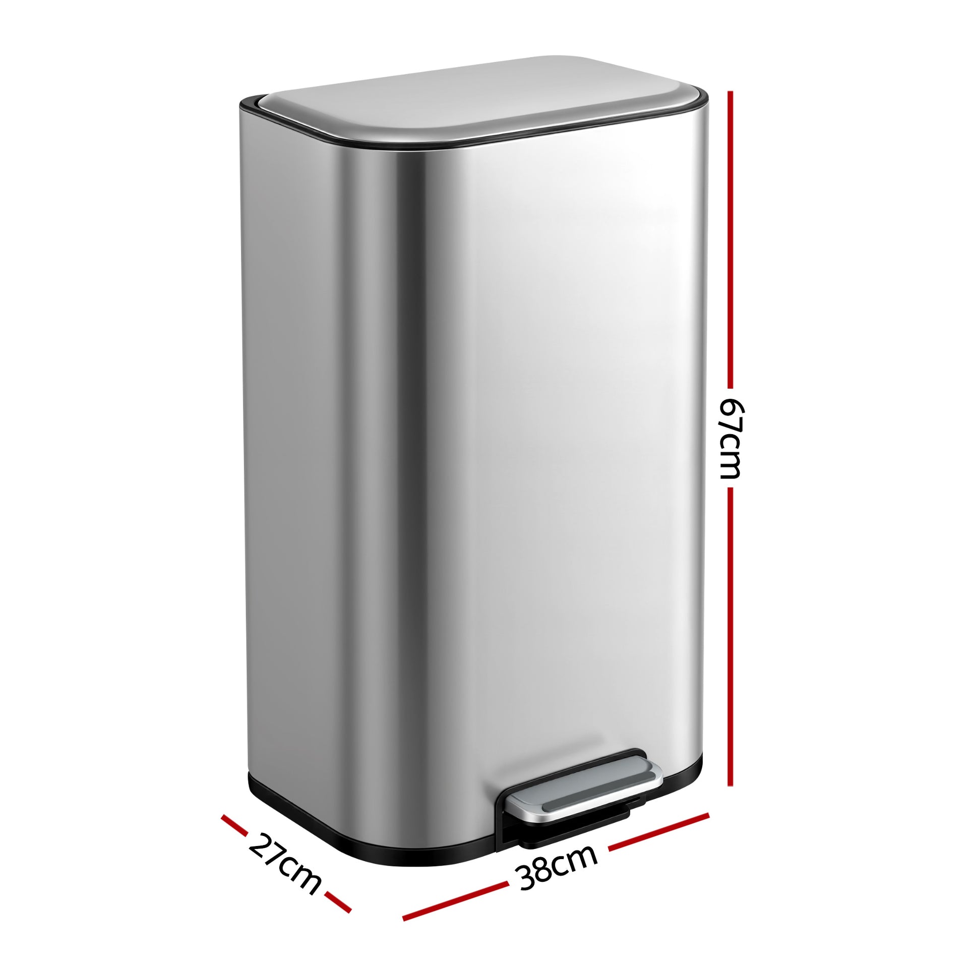 Cefito Kitchen Trash Can 40L Pedal Bins Rubbish Bin Steel with Soft Close Lid, Removable Inner Bucket, Rectangular Garbage Can Recycling Bin, Silver Awezingly