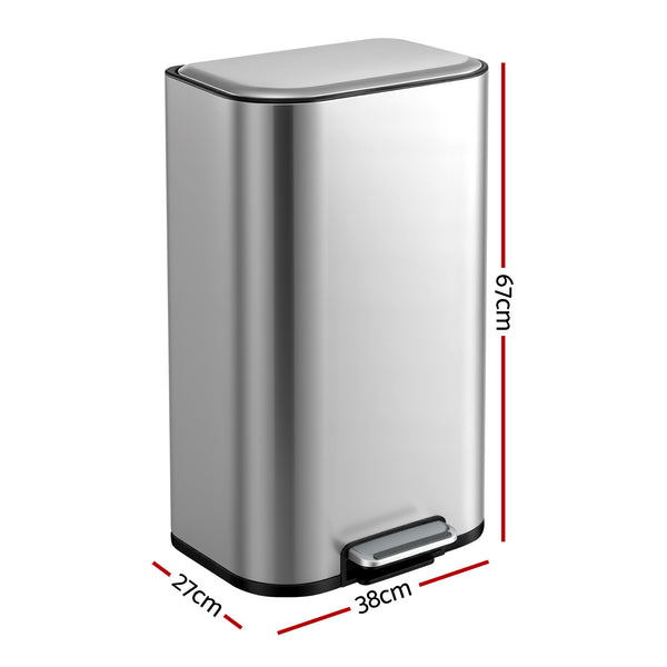 Cefito Kitchen Trash Can 40L Pedal Bins Rubbish Bin Steel with Soft Close Lid, Removable Inner Bucket, Rectangular Garbage Can Recycling Bin, Silver Awezingly