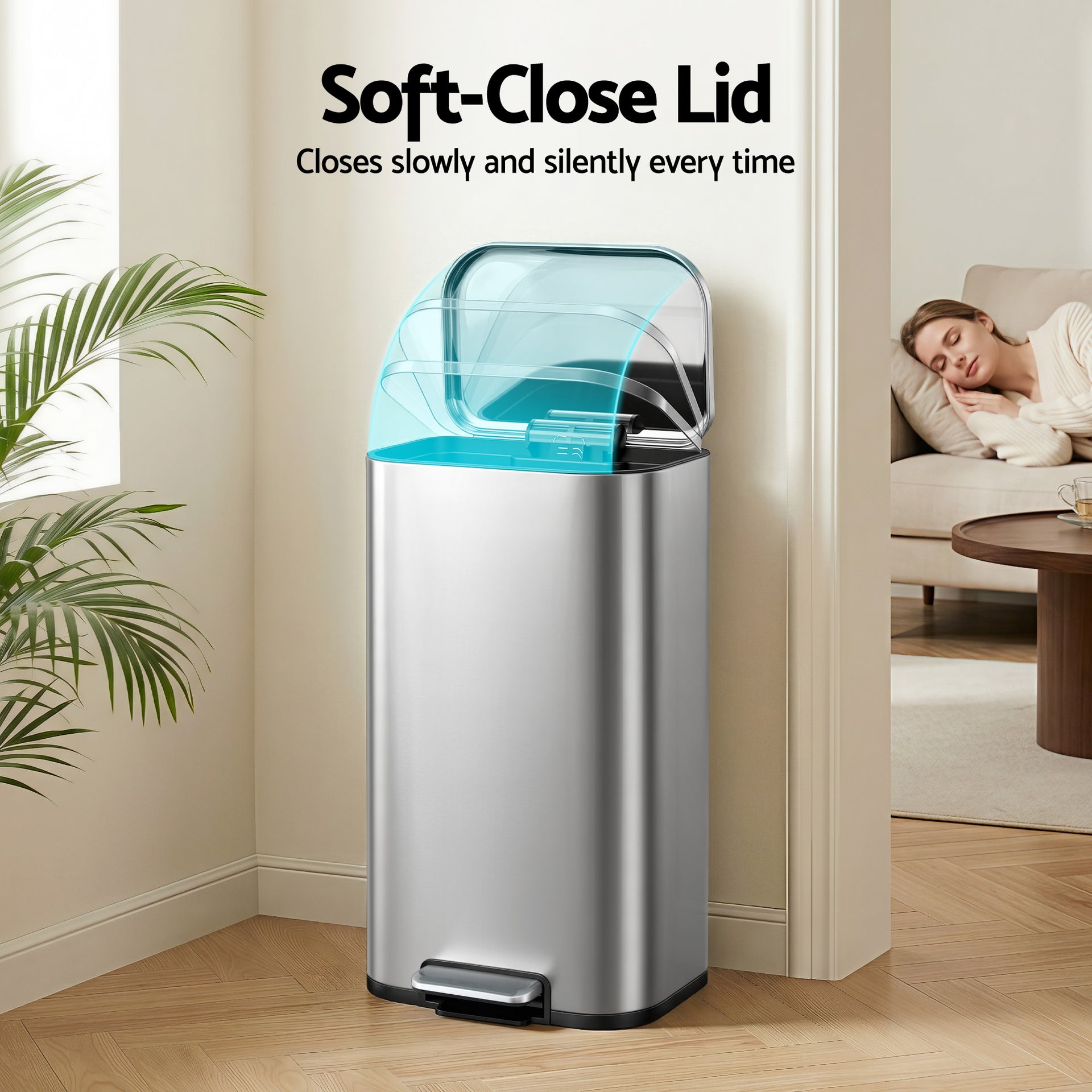 Cefito Kitchen Trash Can 40L Pedal Bins Rubbish Bin Steel with Soft Close Lid, Removable Inner Bucket, Rectangular Garbage Can Recycling Bin, Silver Awezingly