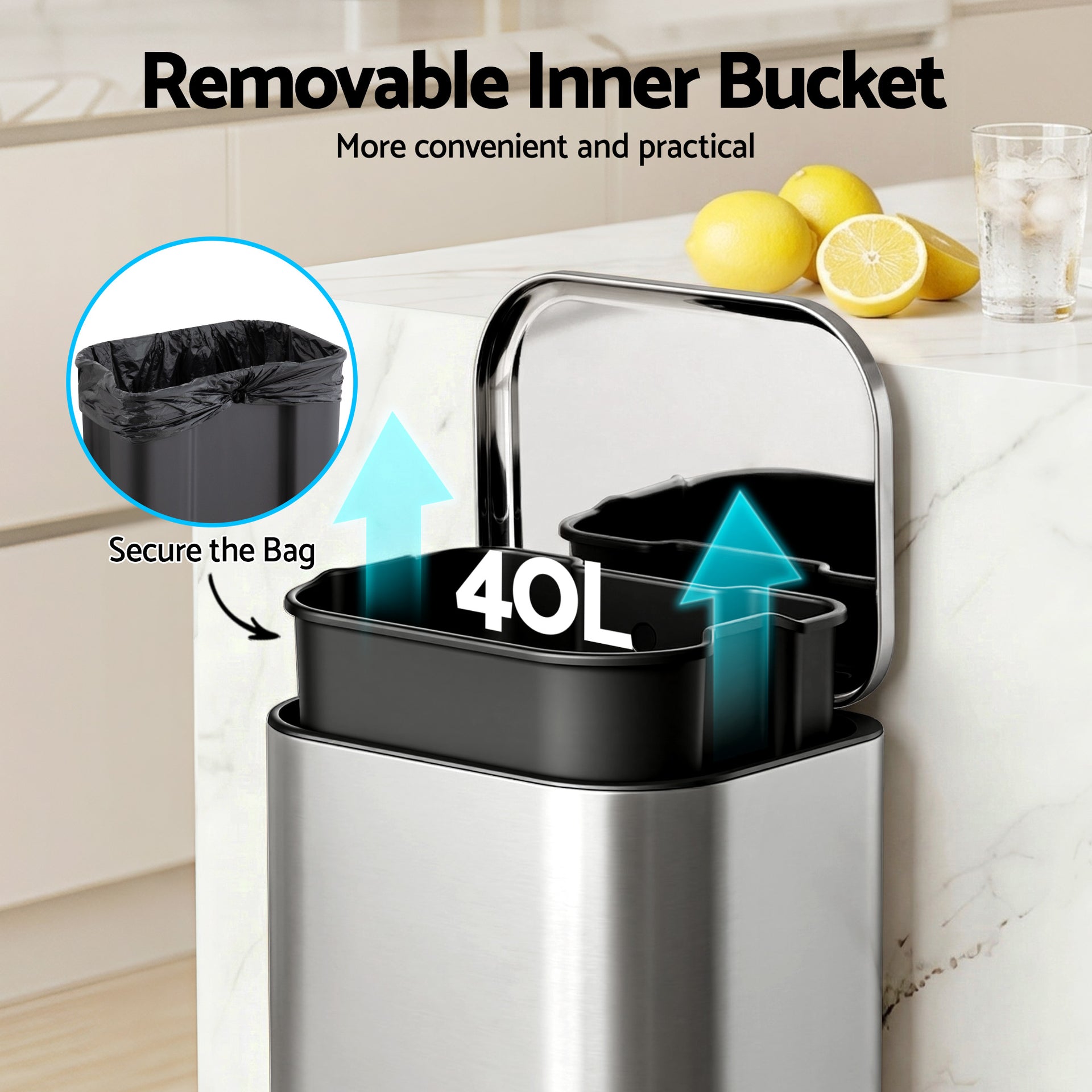 Cefito Kitchen Trash Can 40L Pedal Bins Rubbish Bin Steel with Soft Close Lid, Removable Inner Bucket, Rectangular Garbage Can Recycling Bin, Silver Awezingly