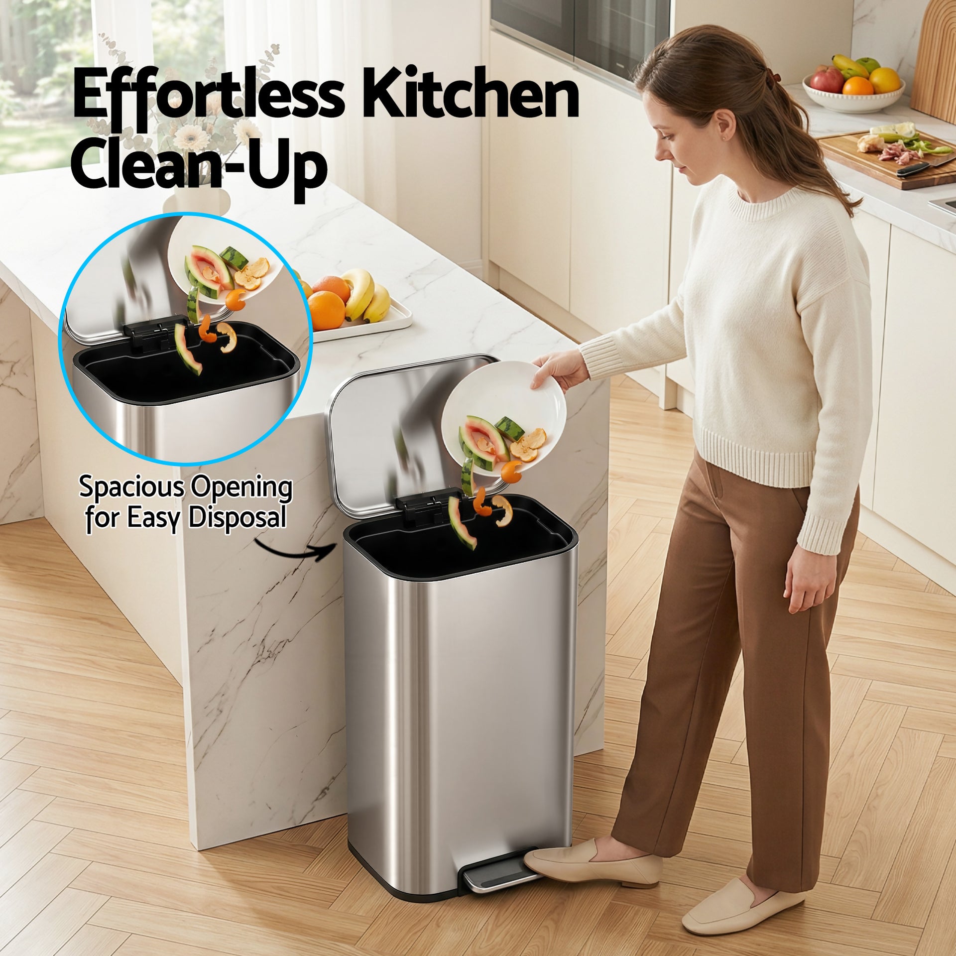 Cefito Kitchen Trash Can 40L Pedal Bins Rubbish Bin Steel with Soft Close Lid, Removable Inner Bucket, Rectangular Garbage Can Recycling Bin, Silver Awezingly