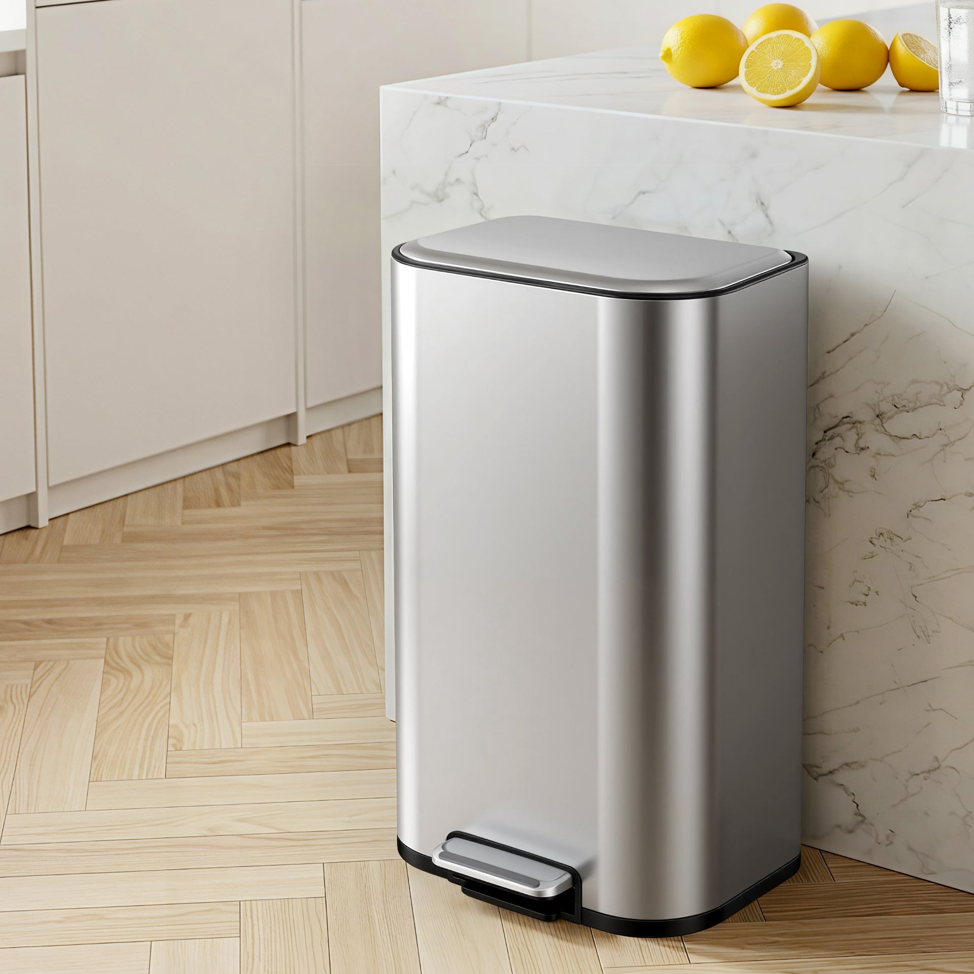 Cefito Kitchen Trash Can 40L Pedal Bins Rubbish Bin Steel with Soft Close Lid, Removable Inner Bucket, Rectangular Garbage Can Recycling Bin, Silver Awezingly