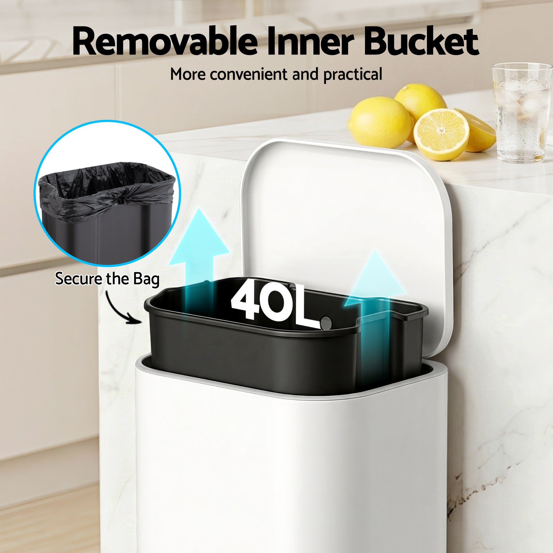 Cefito Kitchen Trash Can 40L Pedal Bins Rubbish Bin Steel with Soft Close Lid, Removable Inner Bucket, Rectangular Garbage Can Recycling Bin, White Awezingly