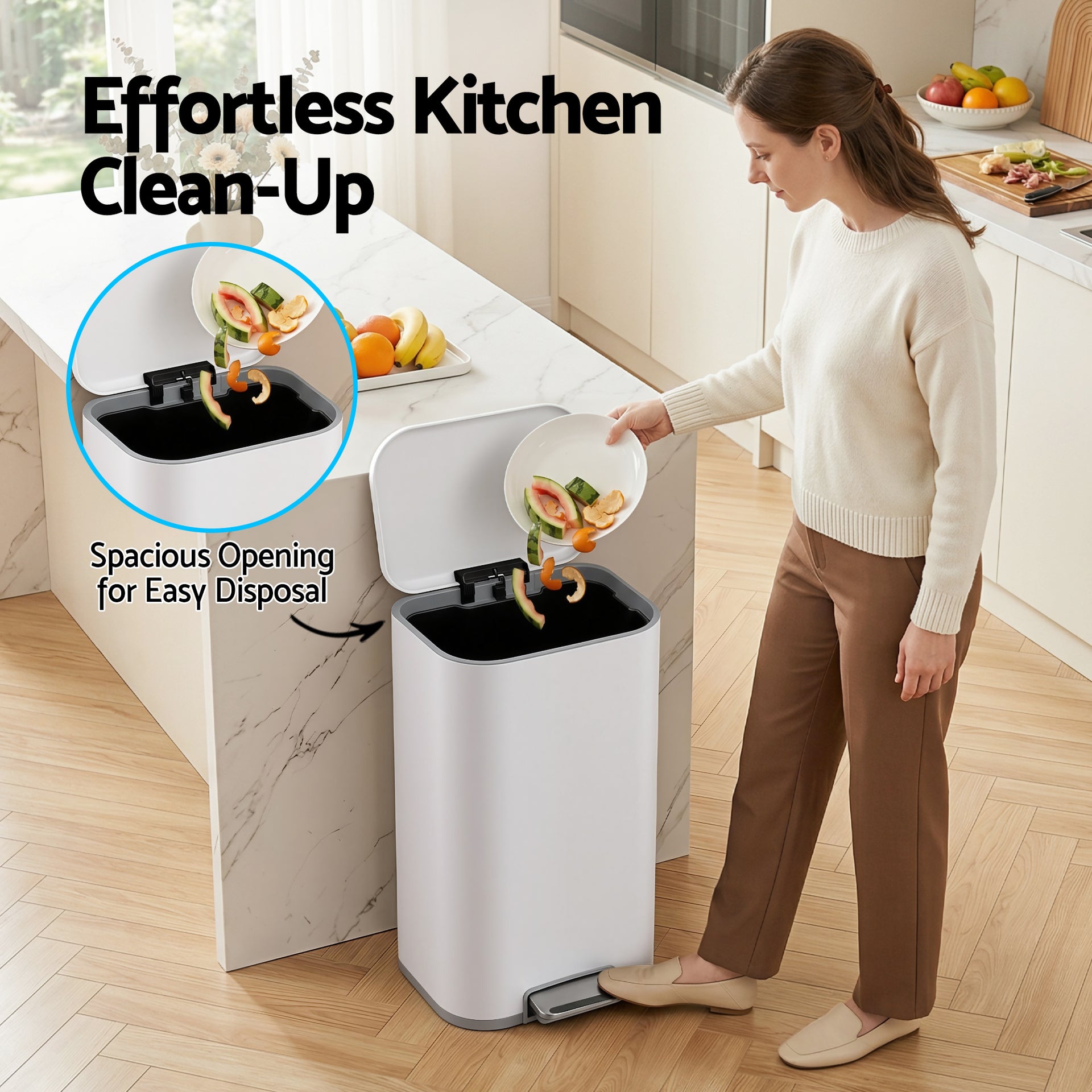 Cefito Kitchen Trash Can 40L Pedal Bins Rubbish Bin Steel with Soft Close Lid, Removable Inner Bucket, Rectangular Garbage Can Recycling Bin, White Awezingly