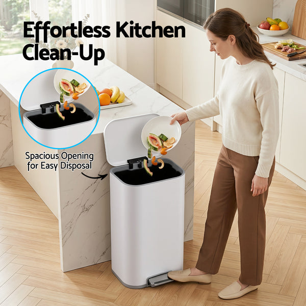 Cefito Kitchen Trash Can 40L Pedal Bins Rubbish Bin Steel with Soft Close Lid, Removable Inner Bucket, Rectangular Garbage Can Recycling Bin, White Awezingly