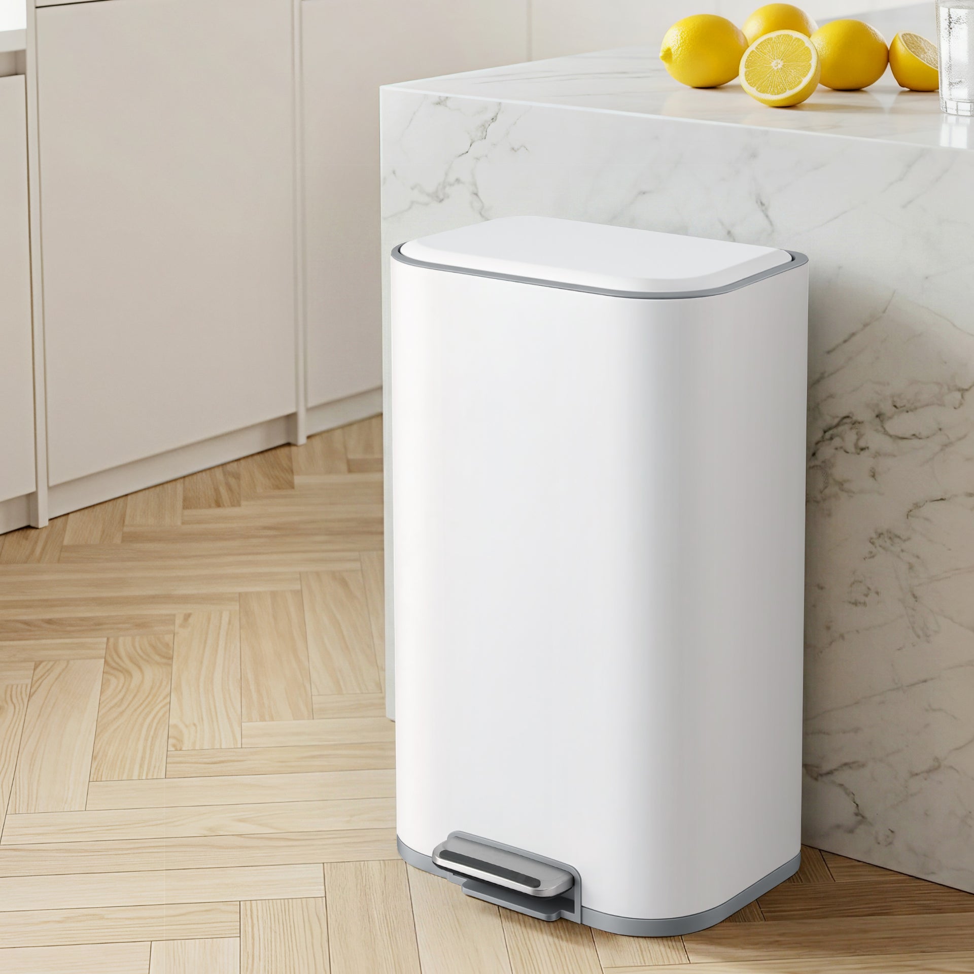 Cefito Kitchen Trash Can 40L Pedal Bins Rubbish Bin Steel with Soft Close Lid, Removable Inner Bucket, Rectangular Garbage Can Recycling Bin, White Awezingly