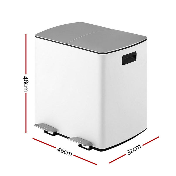 Cefito Pedal Bins Rubbish Bin Dual Compartment Waste Recycle Dustbins 40L White Awezingly