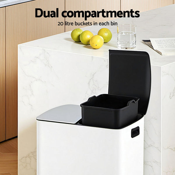 Cefito Pedal Bins Rubbish Bin Dual Compartment Waste Recycle Dustbins 40L White Awezingly