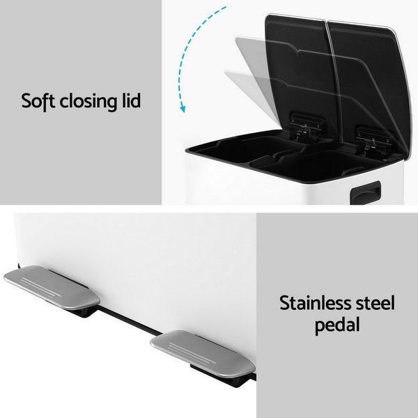 Cefito Pedal Bins Rubbish Bin Dual Compartment Waste Recycle Dustbins 40L White Awezingly