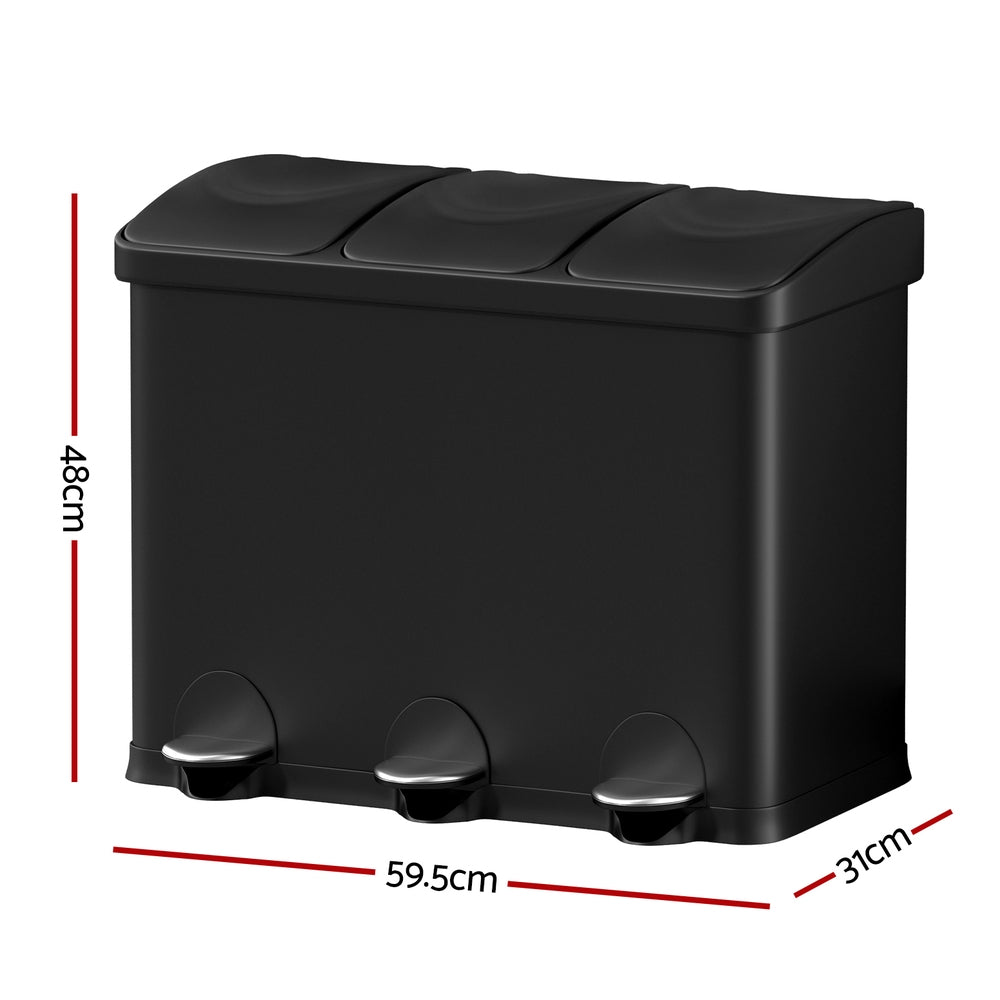 Cefito Pedal Bins Rubbish Bin Triple Compartments Waste Recycle Dustbins 45L Cefito