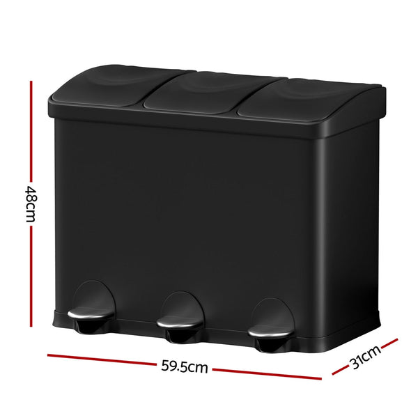 Cefito Pedal Bins Rubbish Bin Triple Compartments Waste Recycle Dustbins 45L Cefito