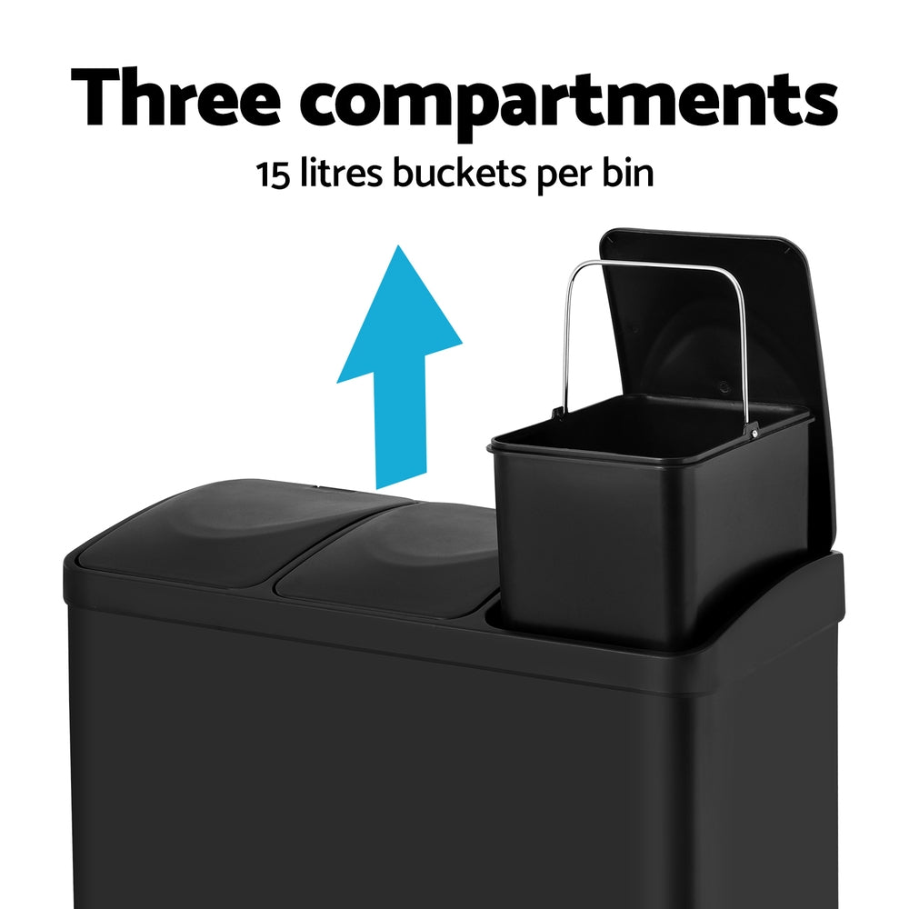 Cefito Pedal Bins Rubbish Bin Triple Compartments Waste Recycle Dustbins 45L Cefito