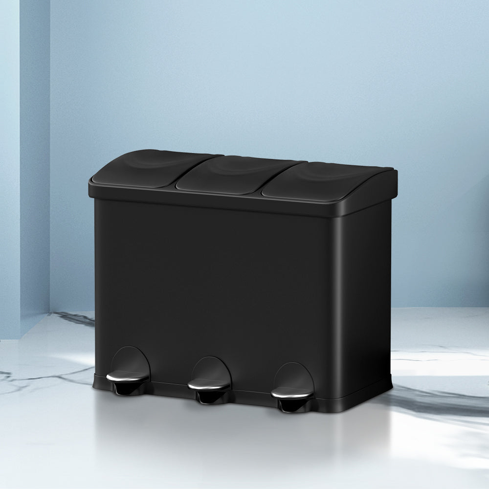 Cefito Pedal Bins Rubbish Bin Triple Compartments Waste Recycle Dustbins 45L Cefito