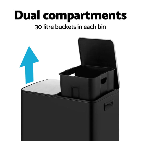Cefito Pedal Bins Rubbish Bin Dual Compartment Waste Recycle Dustbins 60L Black Cefito