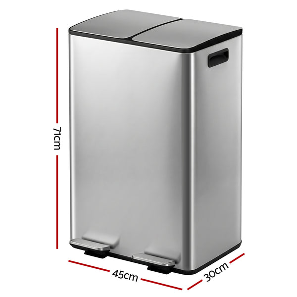 Cefito Pedal Bins Rubbish Bin Dual Compartment Waste Recycle Dustbins 60L Silver Awezingly
