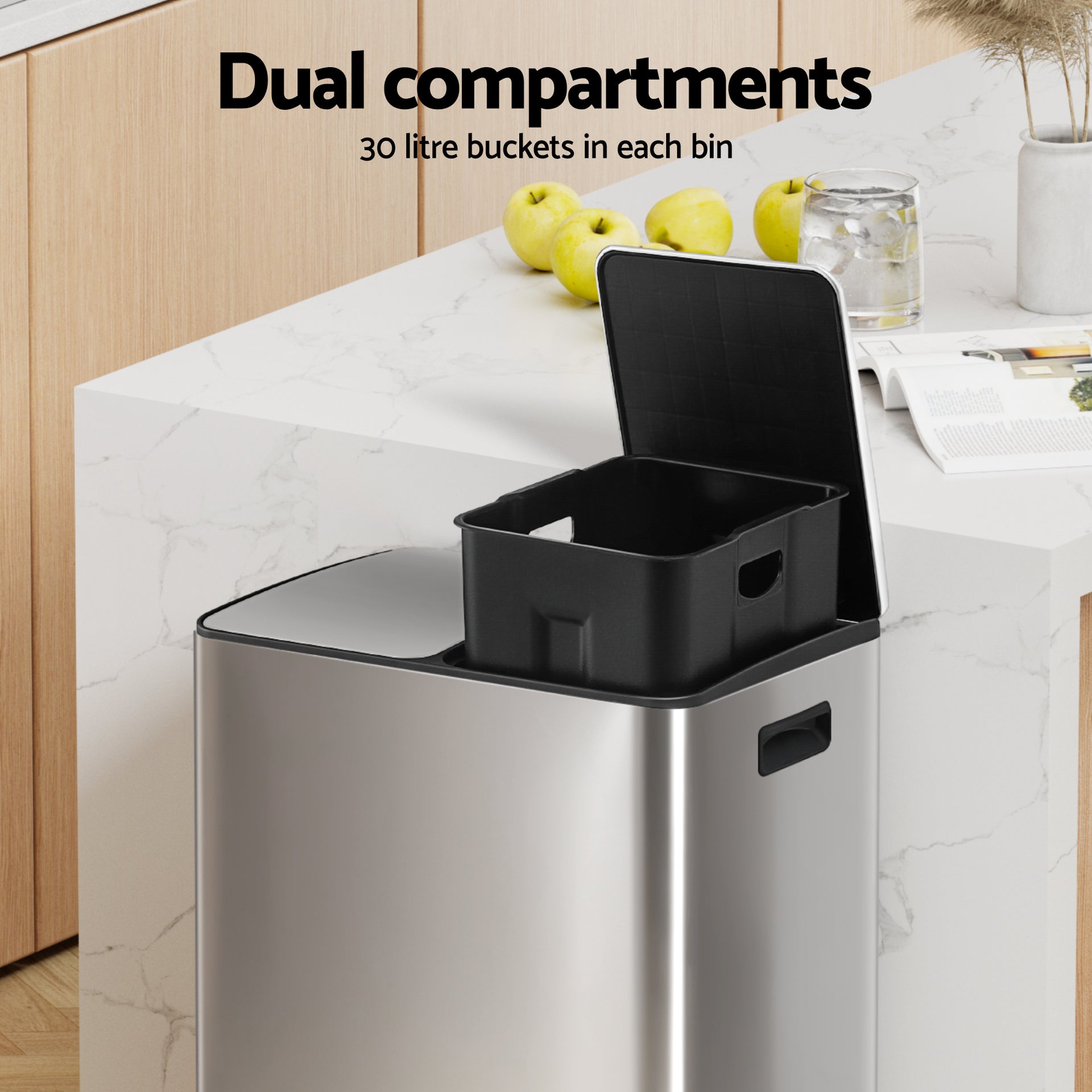 Cefito Pedal Bins Rubbish Bin Dual Compartment Waste Recycle Dustbins 60L Silver Awezingly