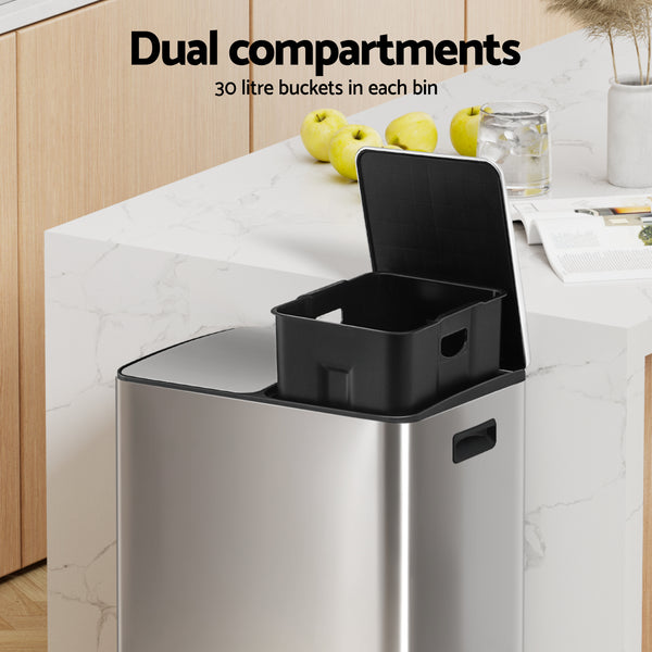 Cefito Pedal Bins Rubbish Bin Dual Compartment Waste Recycle Dustbins 60L Silver Awezingly