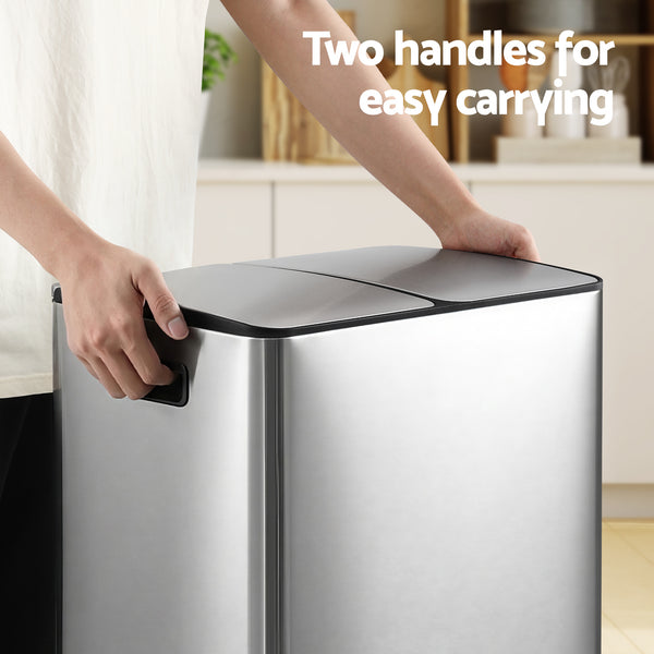 Cefito Pedal Bins Rubbish Bin Dual Compartment Waste Recycle Dustbins 60L Silver Awezingly