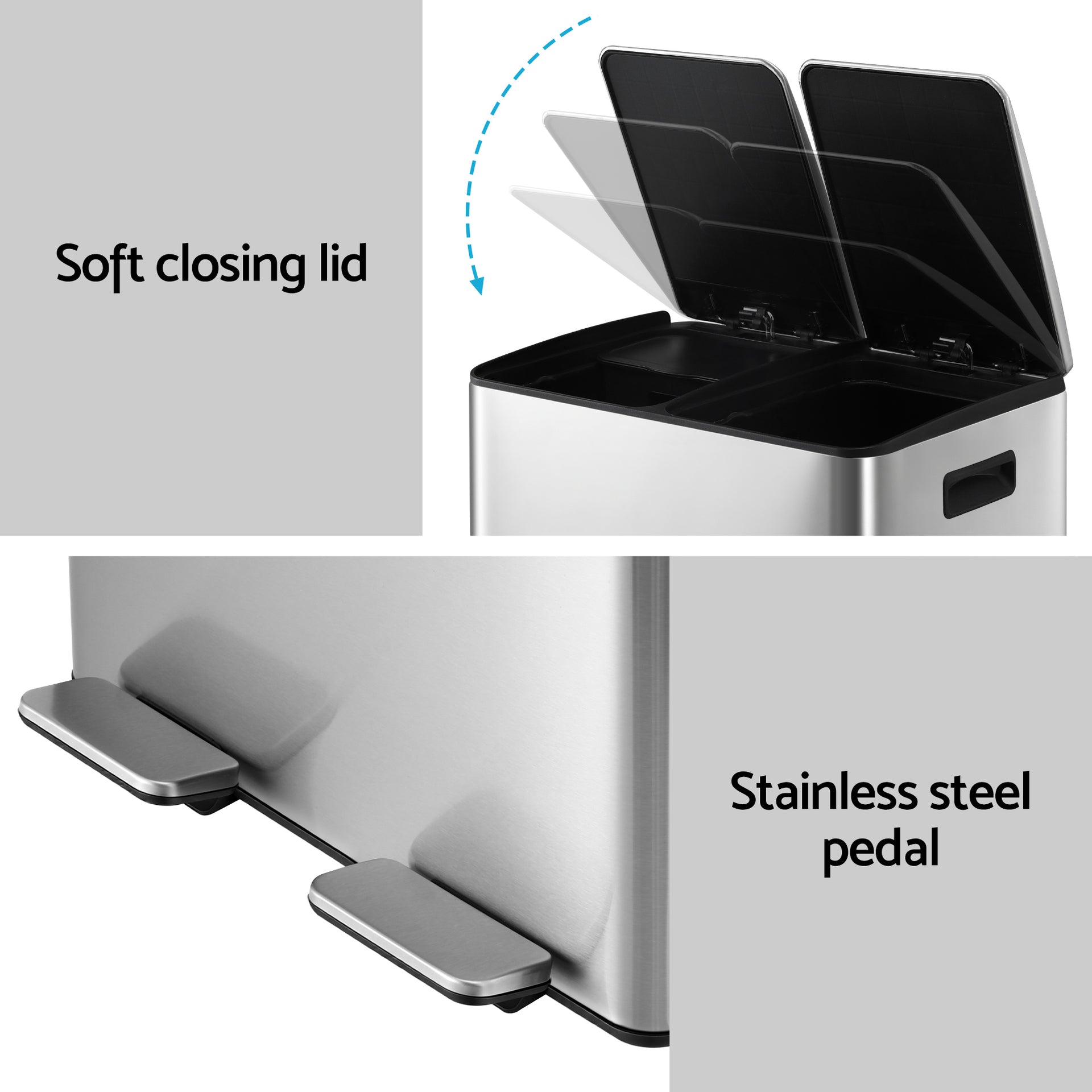 Cefito Pedal Bins Rubbish Bin Dual Compartment Waste Recycle Dustbins 60L Silver Awezingly