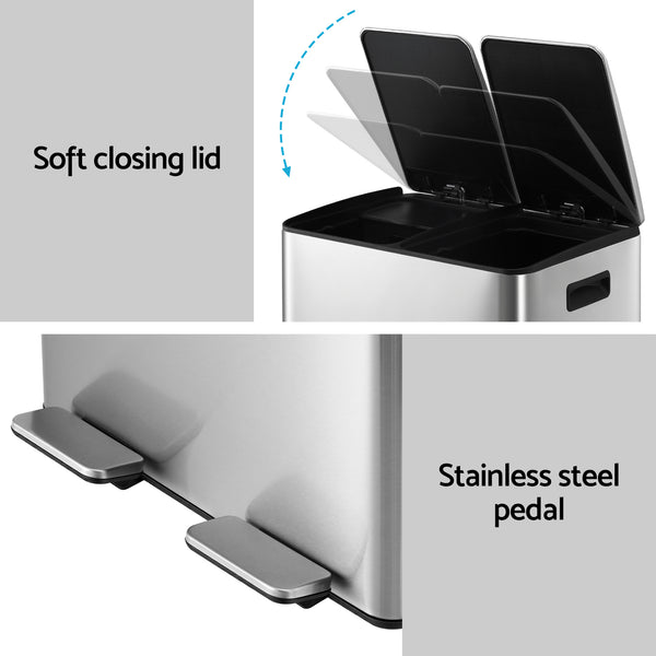 Cefito Pedal Bins Rubbish Bin Dual Compartment Waste Recycle Dustbins 60L Silver Awezingly