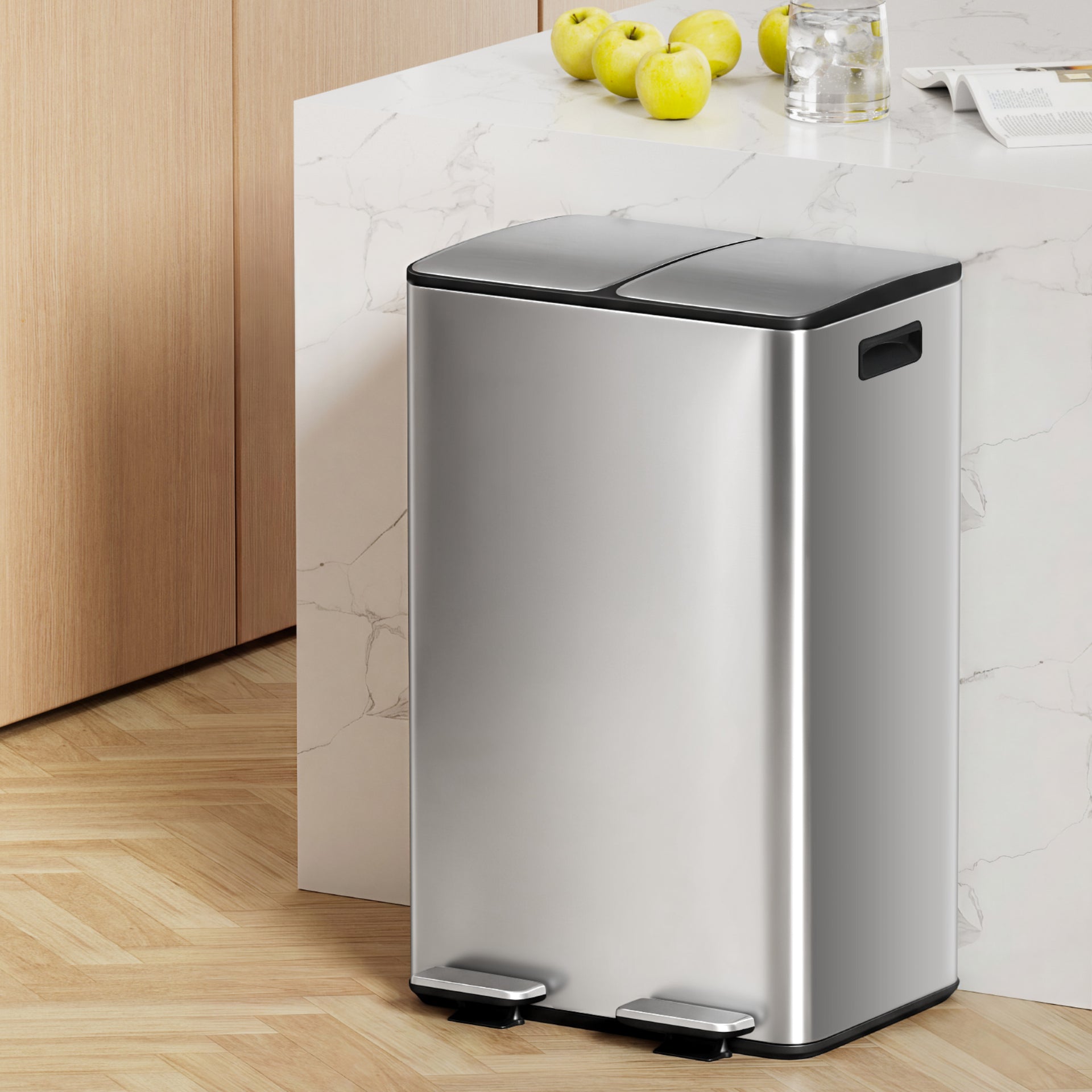 Cefito Pedal Bins Rubbish Bin Dual Compartment Waste Recycle Dustbins 60L Silver Awezingly