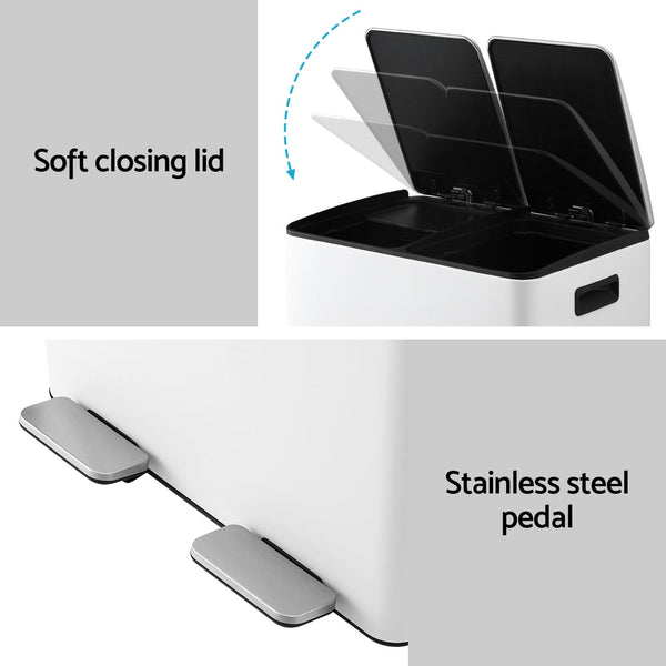 Cefito Pedal Bins Rubbish Bin Dual Compartment Waste Recycle Dustbins 60L White Awezingly