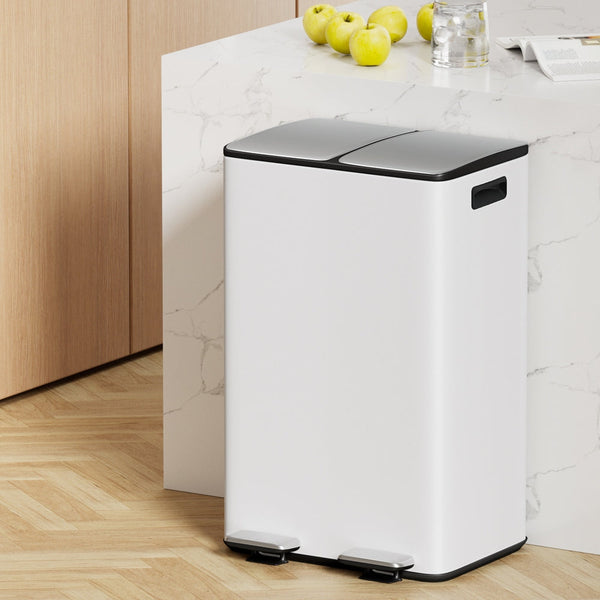 Cefito Pedal Bins Rubbish Bin Dual Compartment Waste Recycle Dustbins 60L White Awezingly