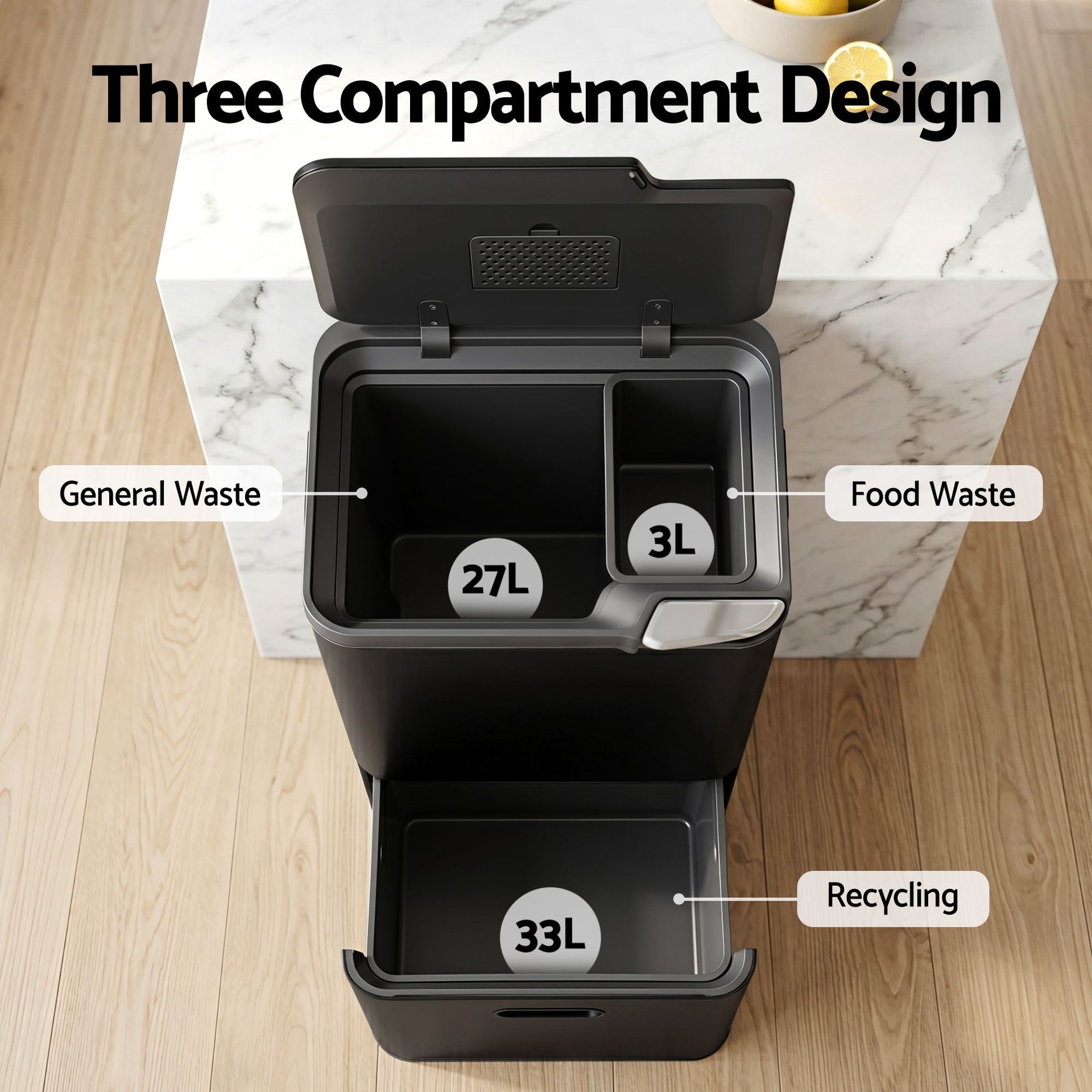 Cefito 63L Rubbish Bin 3 Compartment Carbon Steel Split Door Trash Can Black Cefito