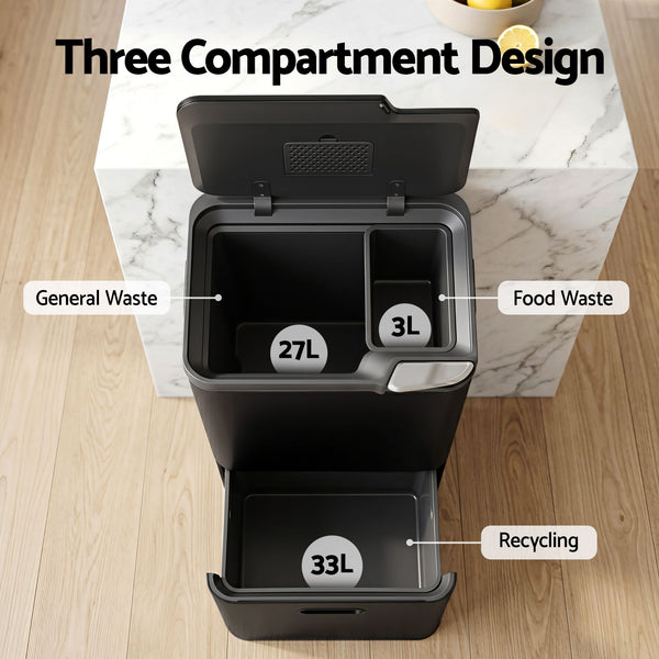 Cefito 63L Rubbish Bin 3 Compartment Carbon Steel Split Door Trash Can Black Cefito