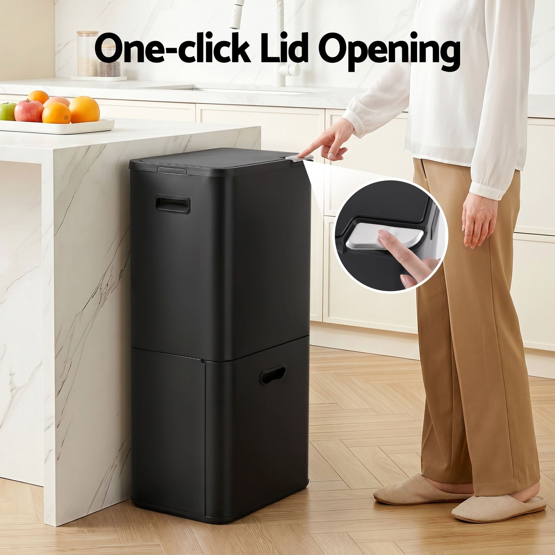 Cefito 63L Rubbish Bin 3 Compartment Carbon Steel Split Door Trash Can Black Cefito