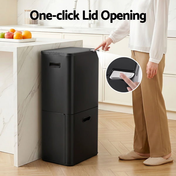 Cefito 63L Rubbish Bin 3 Compartment Carbon Steel Split Door Trash Can Black Cefito