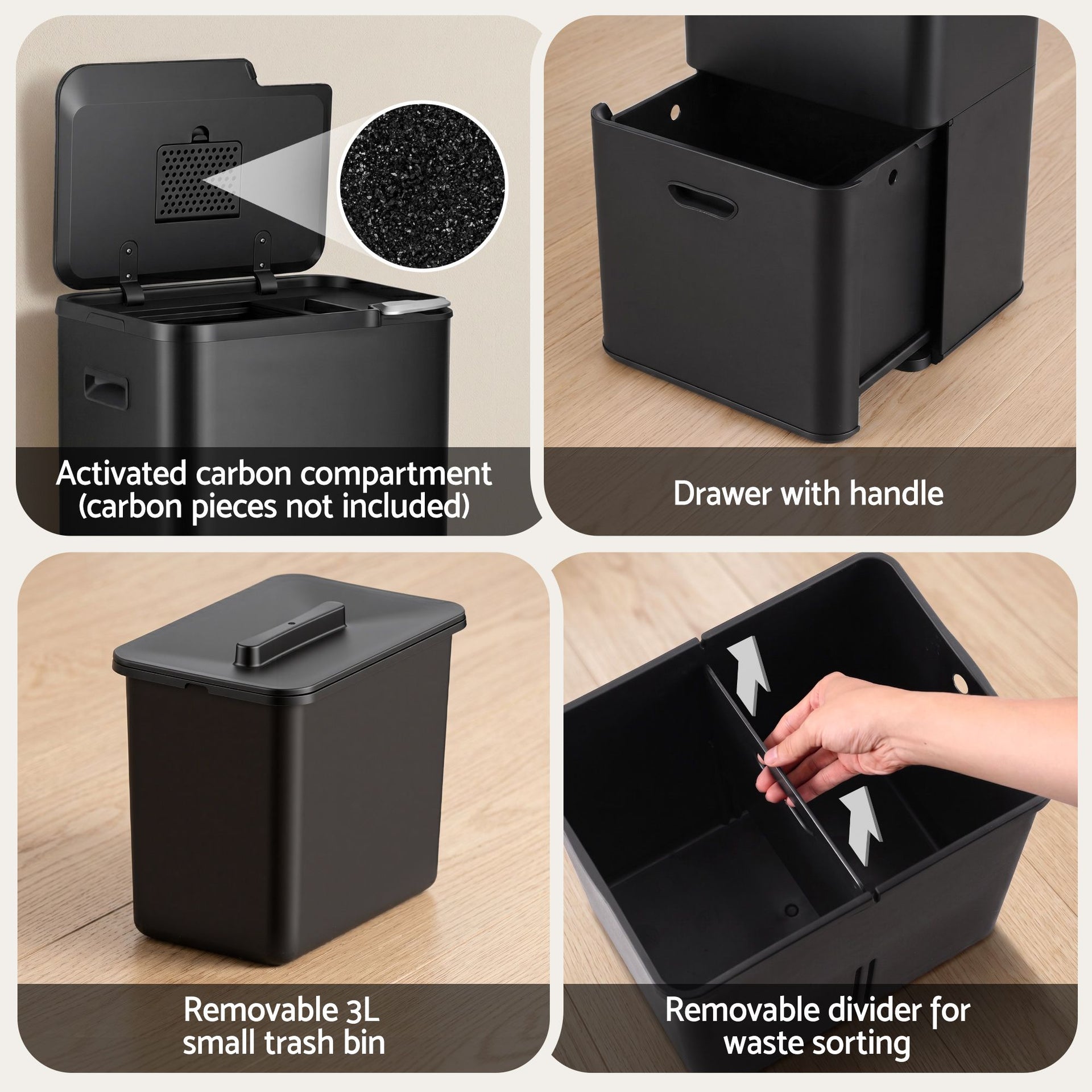 Cefito 63L Rubbish Bin 3 Compartment Carbon Steel Split Door Trash Can Black Cefito