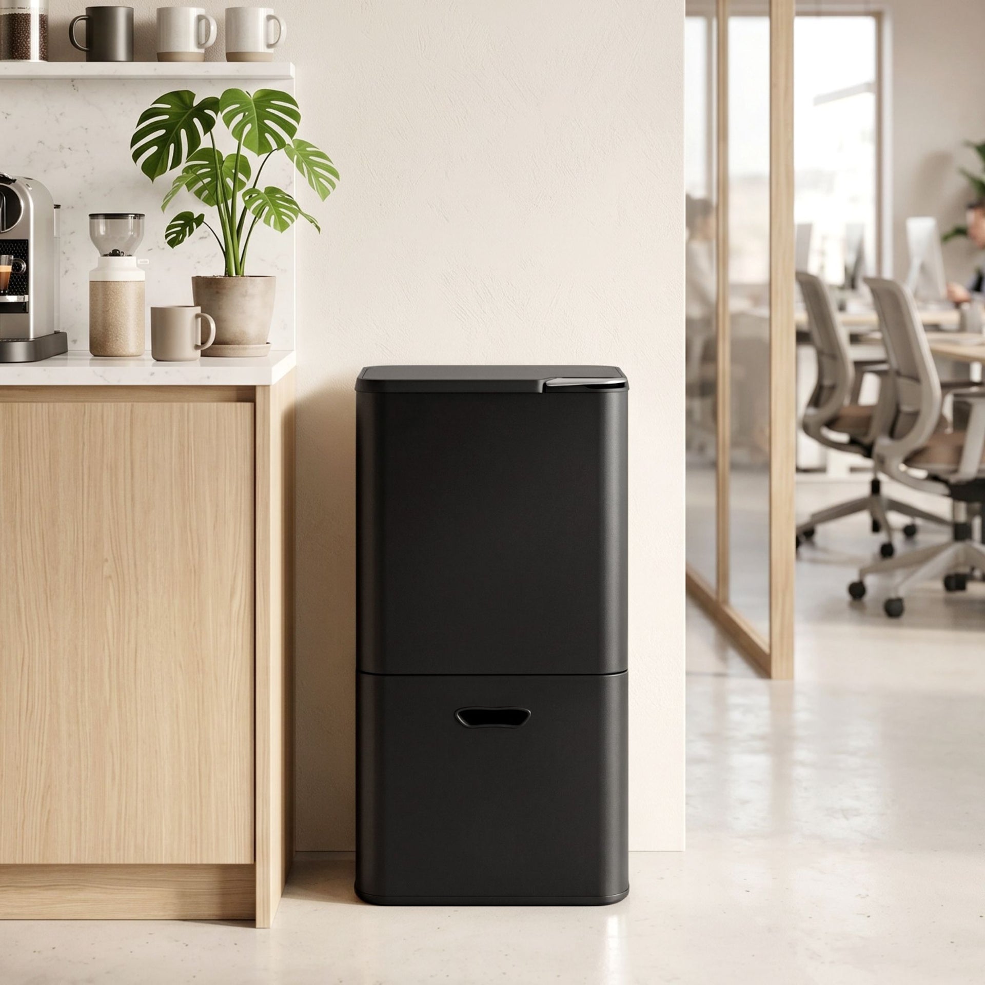 Cefito 63L Rubbish Bin 3 Compartment Carbon Steel Split Door Trash Can Black Cefito
