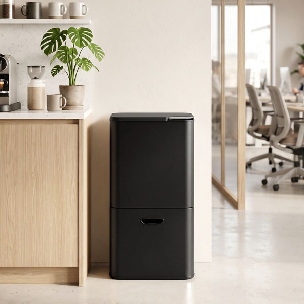 Cefito 63L Rubbish Bin 3 Compartment Carbon Steel Split Door Trash Can Black Cefito