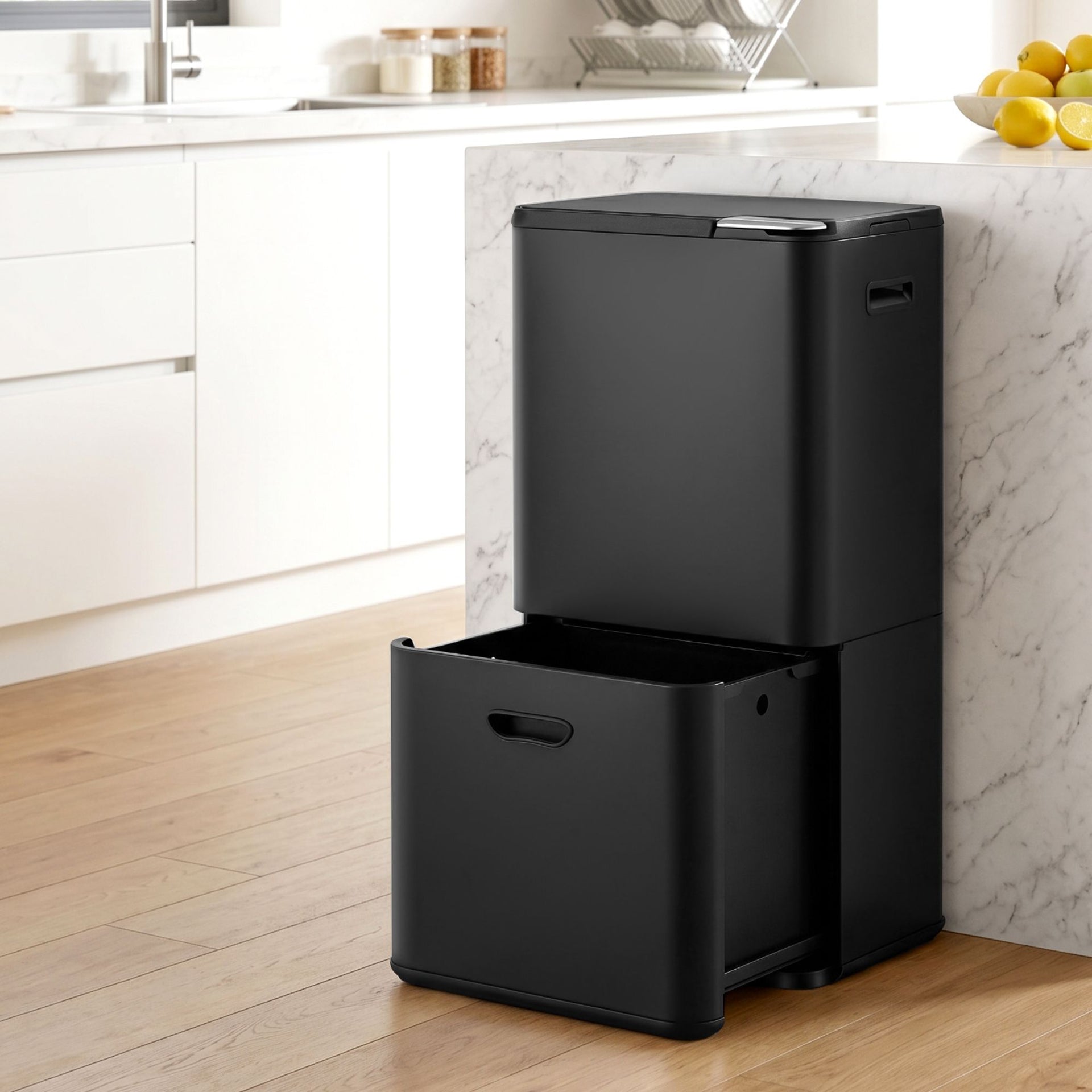 Cefito 63L Rubbish Bin 3 Compartment Carbon Steel Split Door Trash Can Black Cefito
